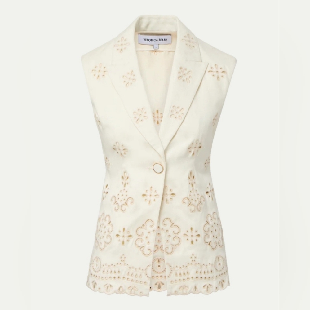 Veronica Beard Cream Eyelet Sleeveless Belted Vest - Picture 8 of 8